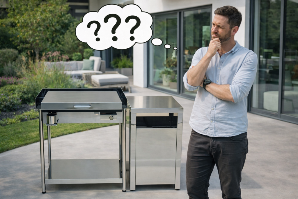 Furlan P600 PRO gas grill with stainless side box in a modern garden – person thinking