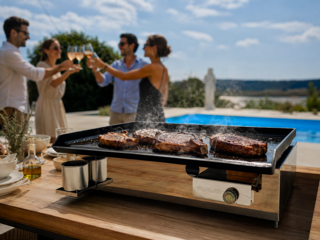 Cooking the perfect steak on the steel cooking plate of a Furlan gas grill