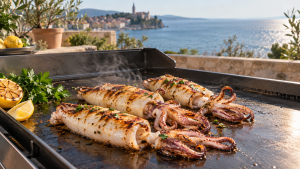 Squid cooking on the hot steel plate of a gas grill