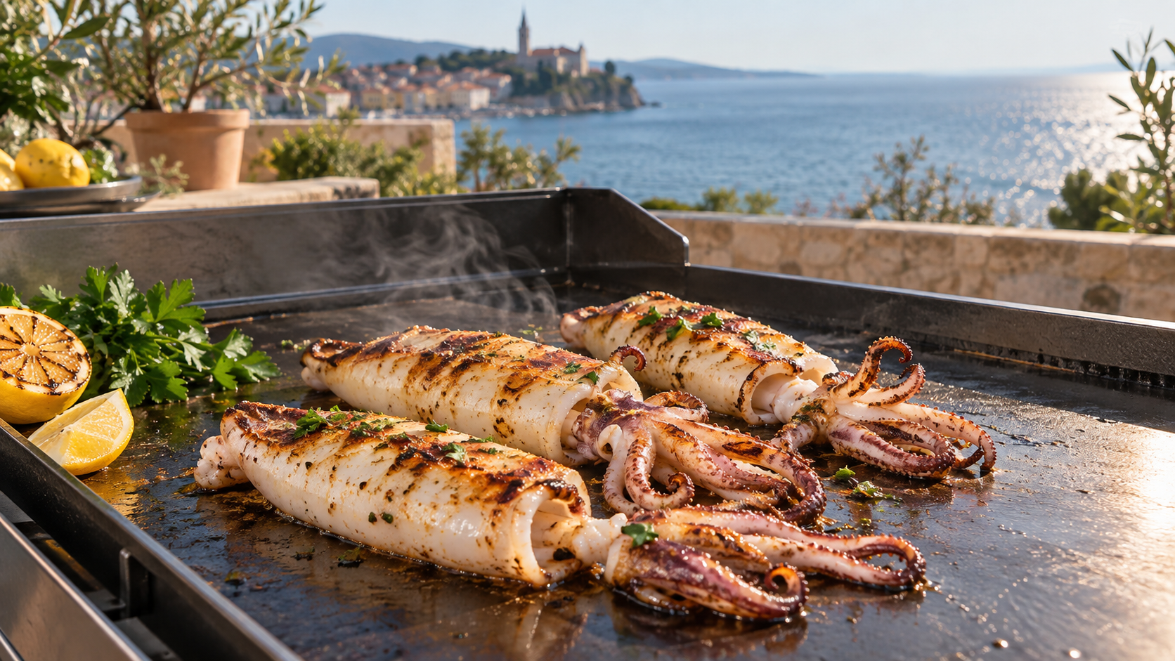Squid cooking on the hot steel plate of a gas grill