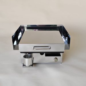 Furlan P350 PRO tabletop gas grill with high lid, splash guard, and oil tray