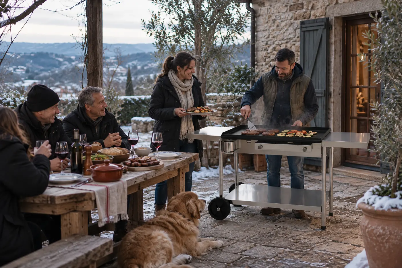 Furlan gas grill with steel griddle used for winter grilling